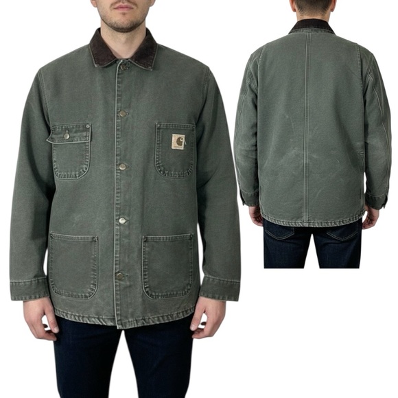 Carhartt Other - Vintage Carhartt Green Chore Jacket Blanket Lined Workwear Coat Brown Collar XL